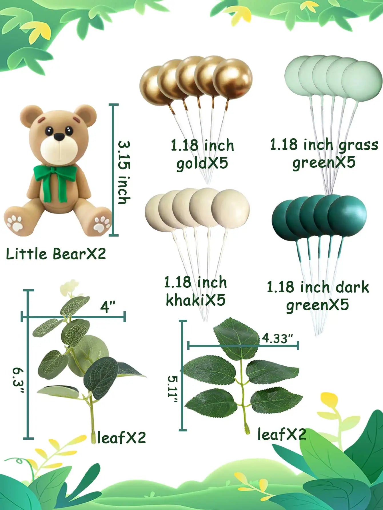26 PCs Teddy Bear Cake Topper Mint Green Set