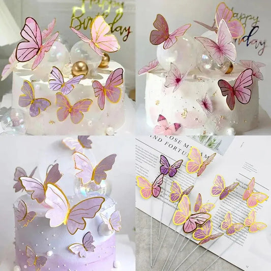 3D Iron Silk Texture Edge Butterfly Girl Fairy Birthday Cake Dessert Table Decoration Plug-in Paper Material White 10pcs