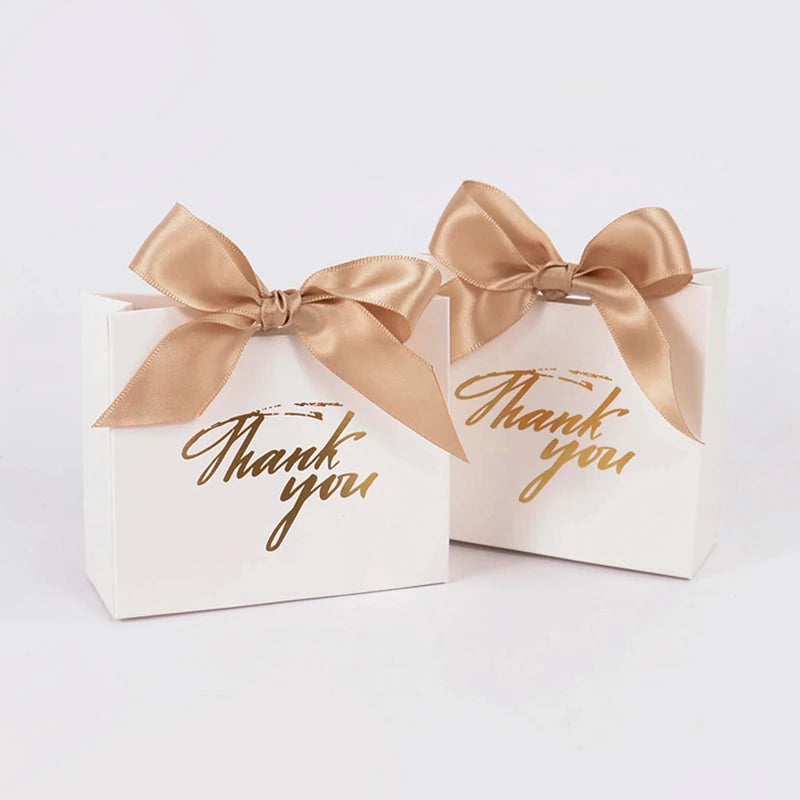 5/10pcs White Thank You Candy Box with Gold Ribbon